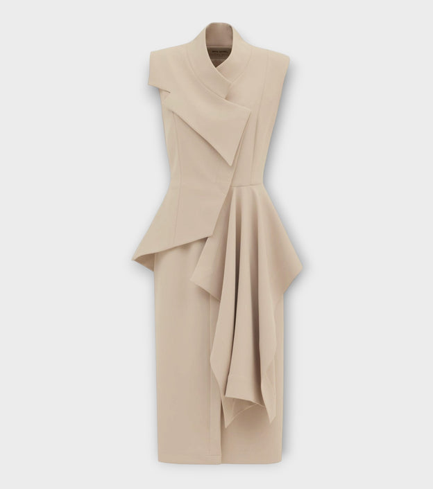 Architectural Draped Midi Dress - Beige