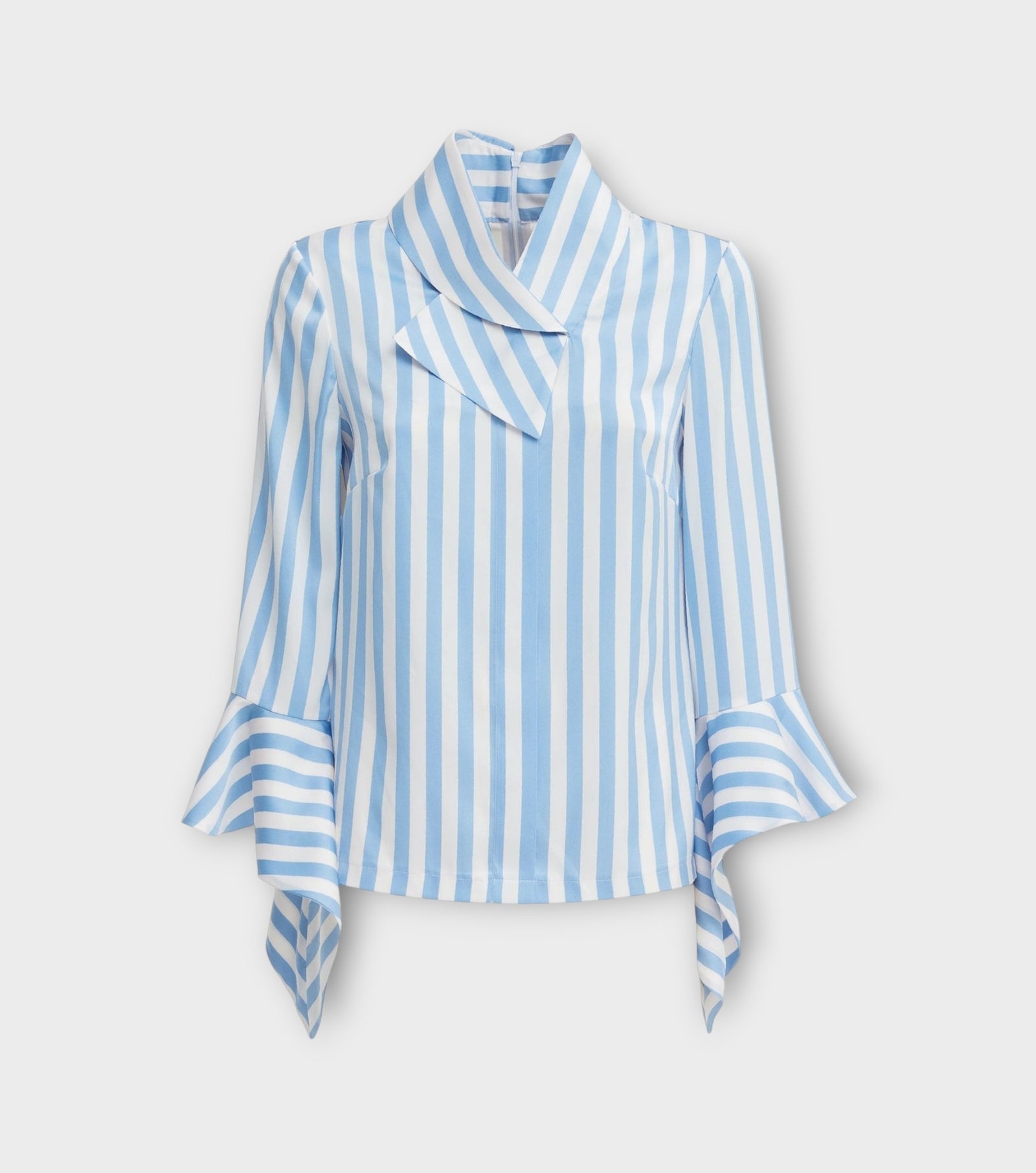 Satin Striped Blouse With Asymmetric Collar - Light Blue