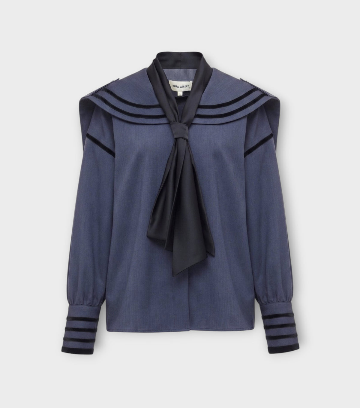 Contrast Piping Sailor Collar Tie Front Blouse | Grey Blue