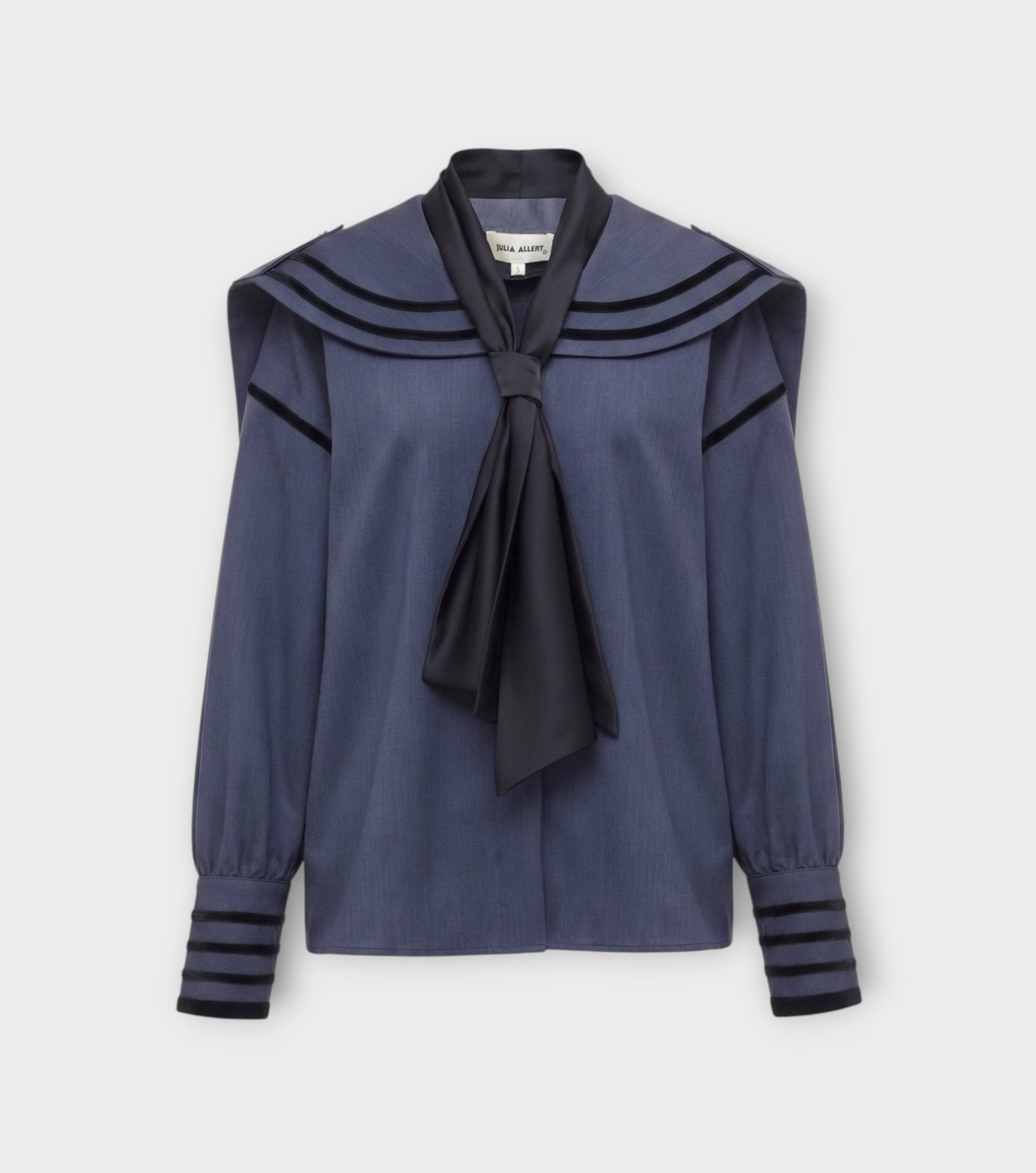 Contrast Piping Sailor Collar Tie Front Blouse | Grey Blue