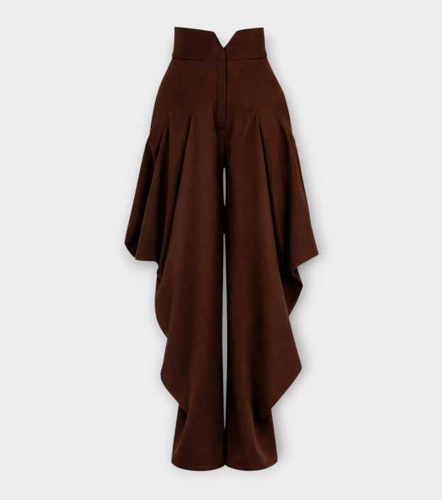 Couture Draped Wide-Leg Pants - Brown