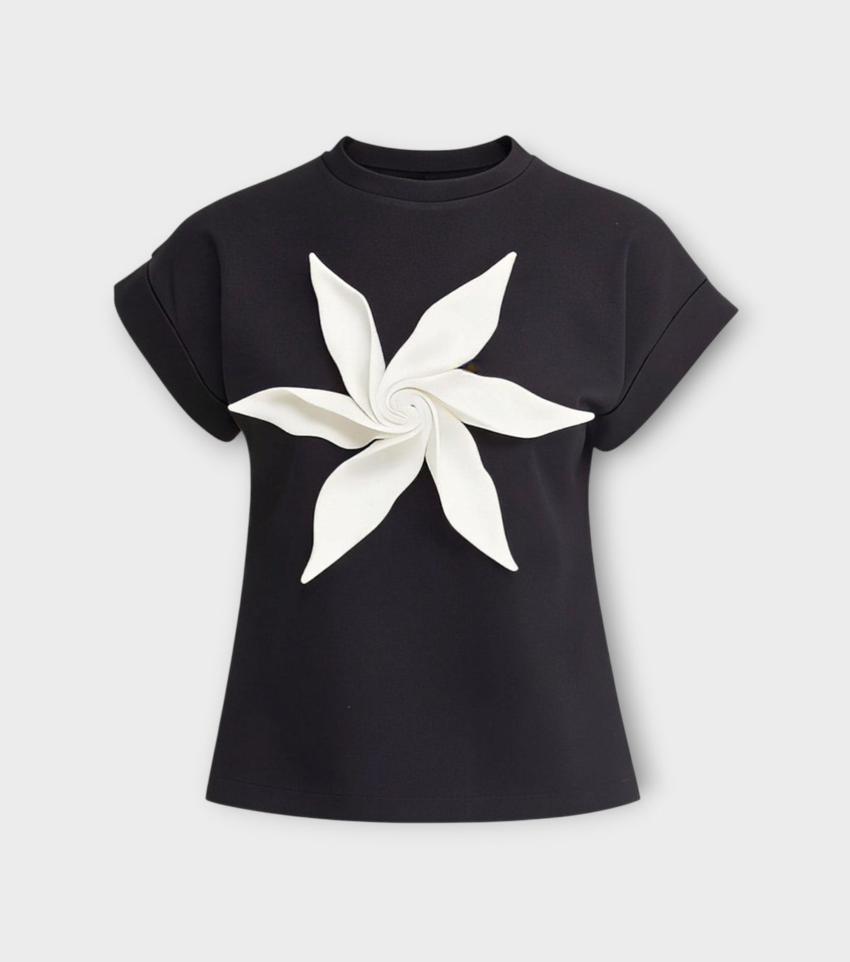 Crew-Neck Jersey T-Shirt With Flower - Black