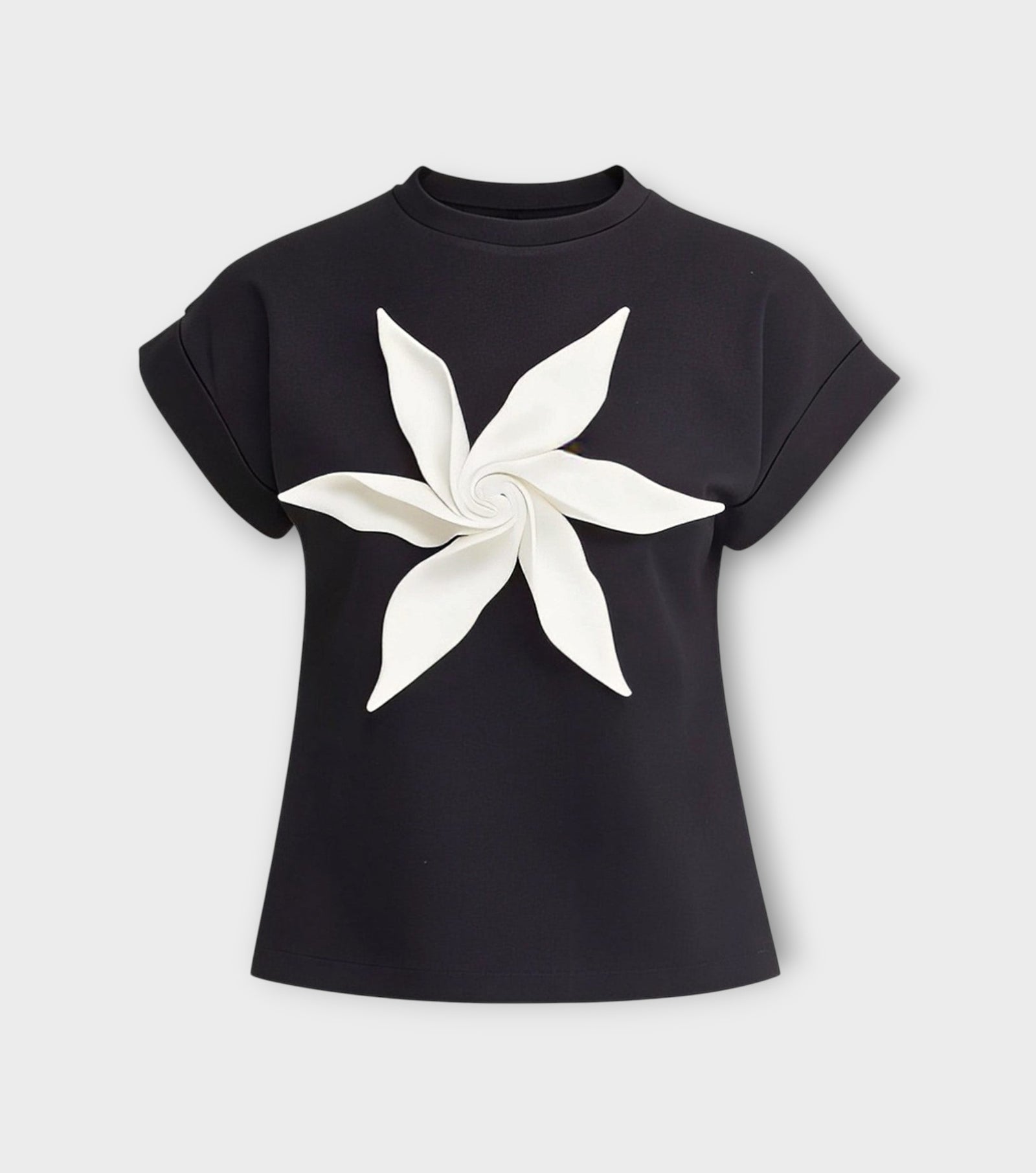 Crew-Neck Jersey T-Shirt With Flower - Black