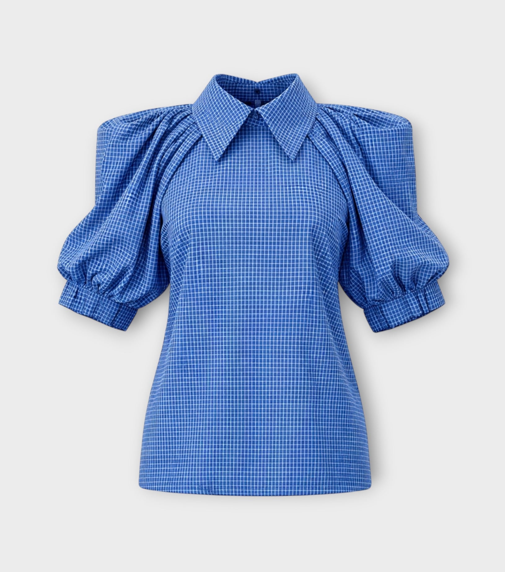Designer Plaid Puff Sleeve Blouse - Blue