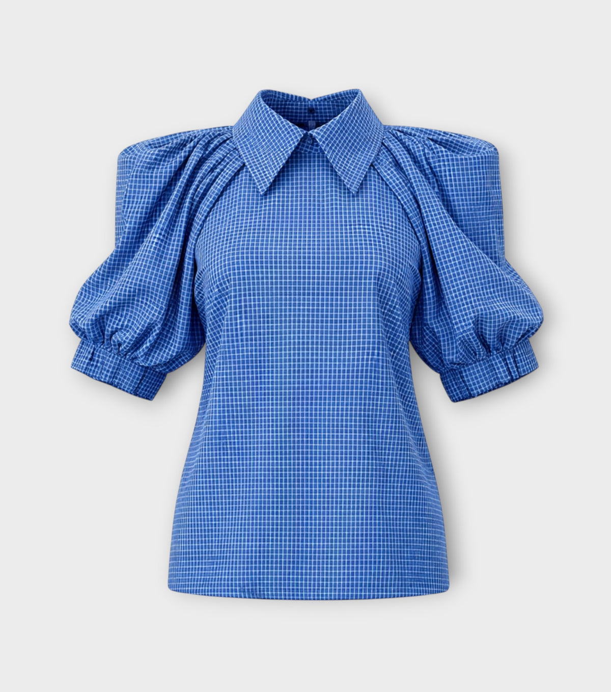Designer Plaid Puff Sleeve Blouse - Blue