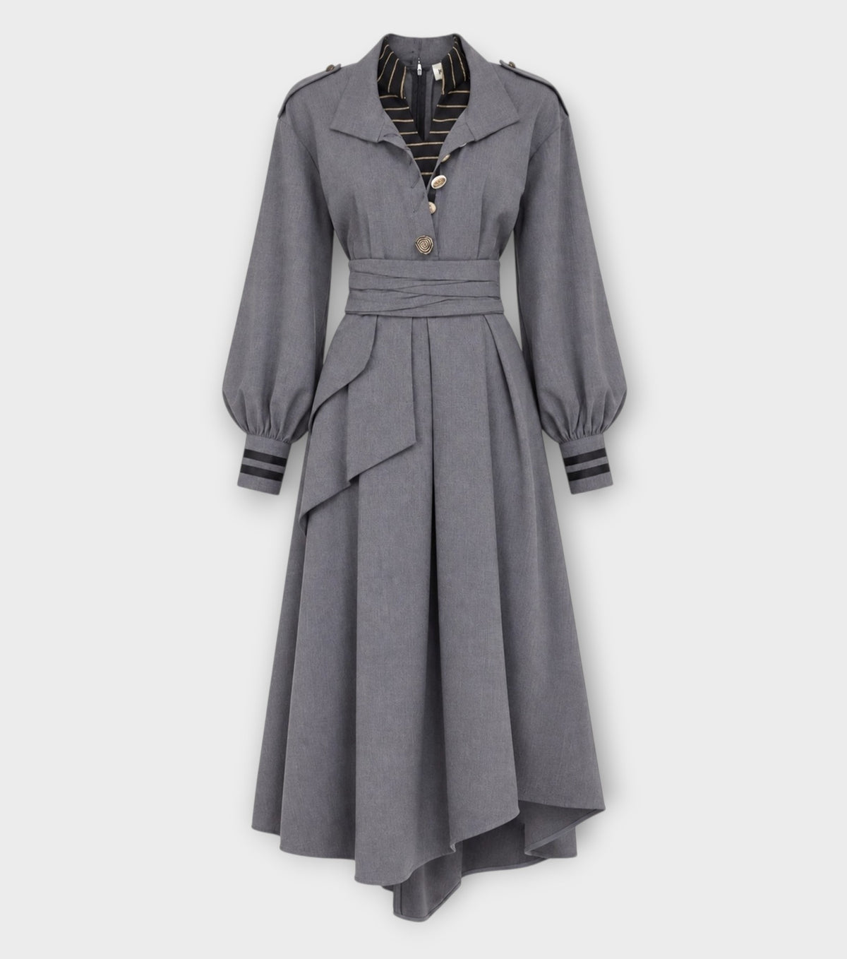 Double-Collar Belted A-Line Midi Dress | Grey