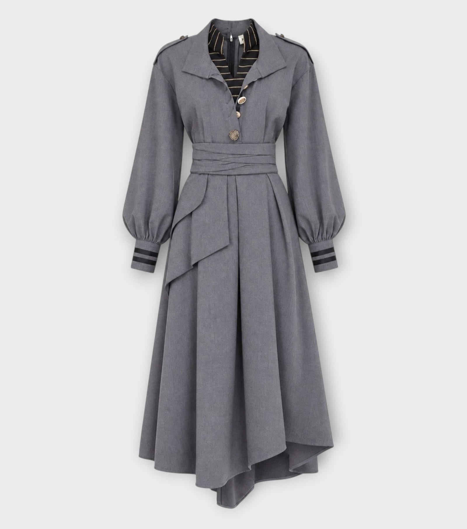 Double-Collar Belted A-Line Midi Dress | Grey