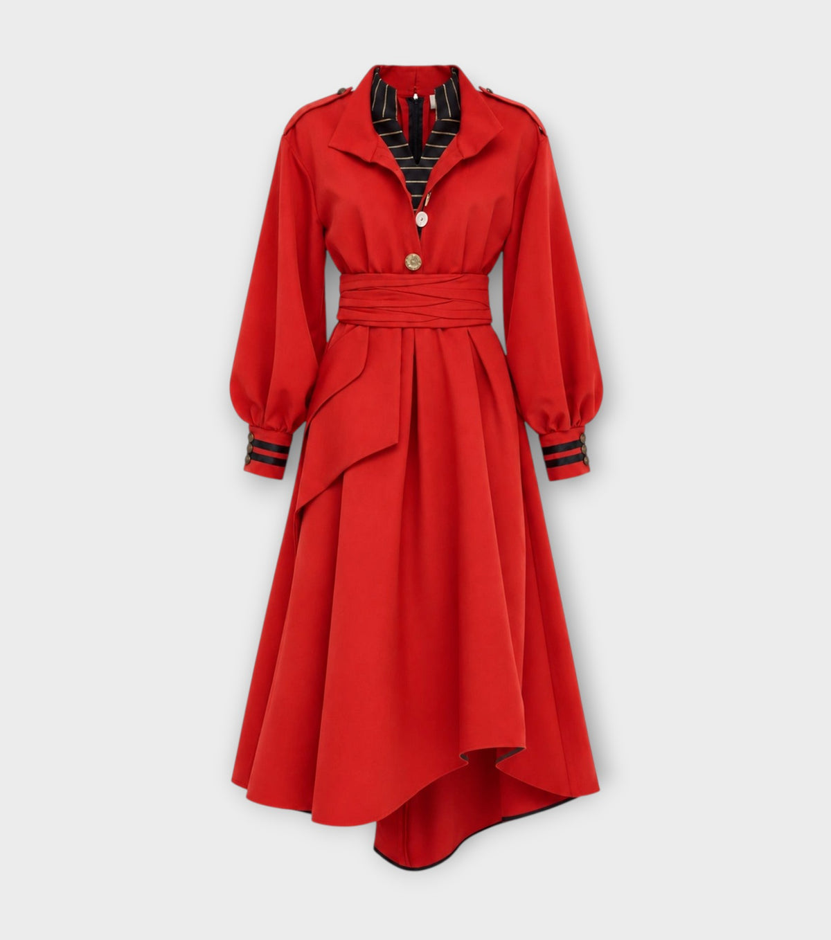 Double-Collar Belted A-Line Midi Dress | Red