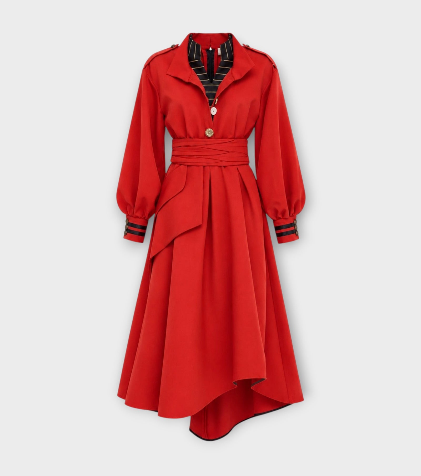 Double-Collar Belted A-Line Midi Dress | Red
