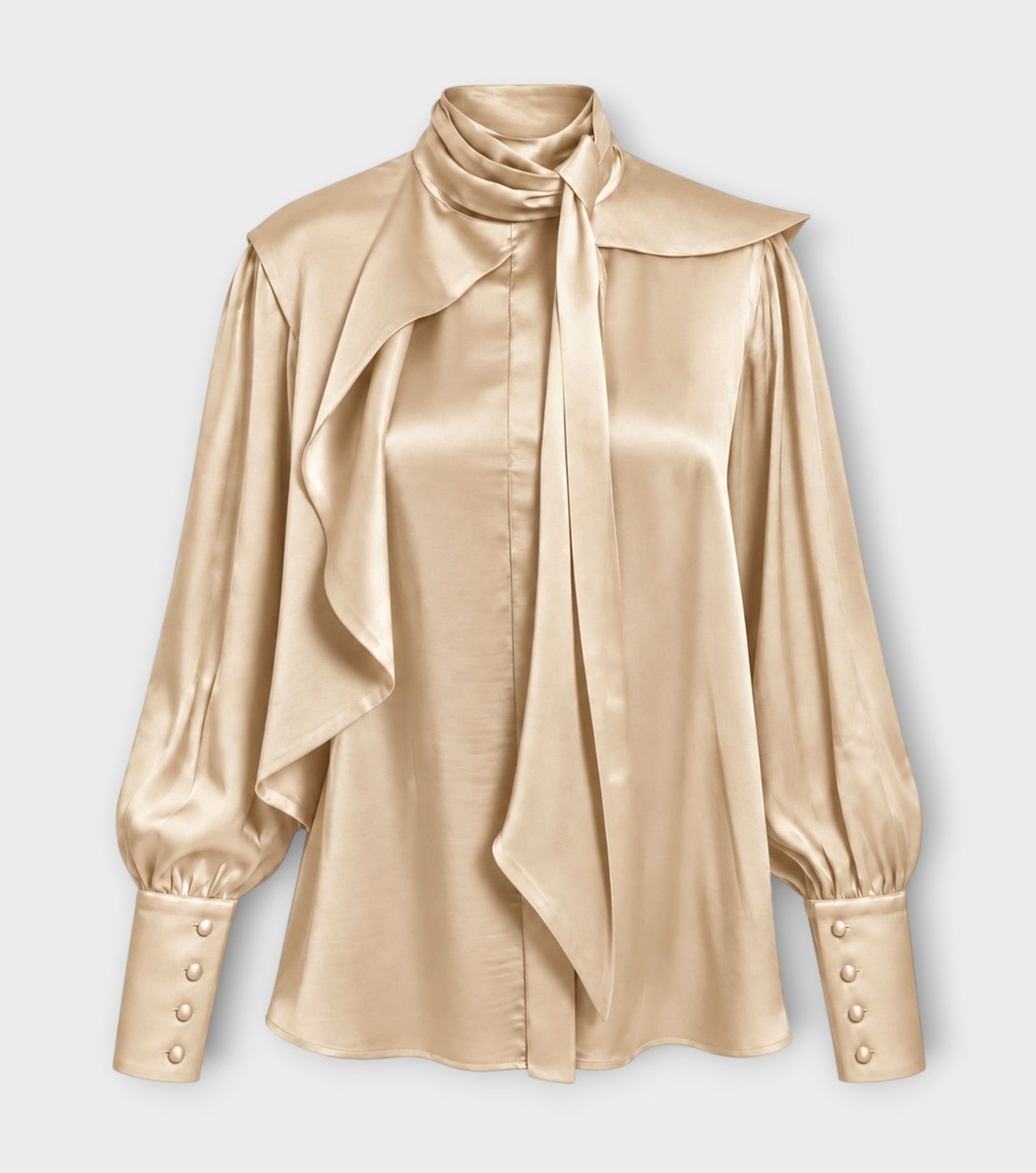 Draped High-Neck Silk Organza Blouse | Beige Yellow