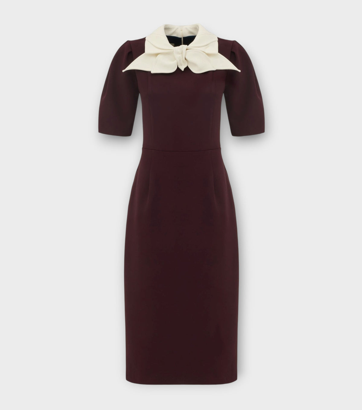 Elegant Midi Dress With Contrast Bow Collar - Burgundy