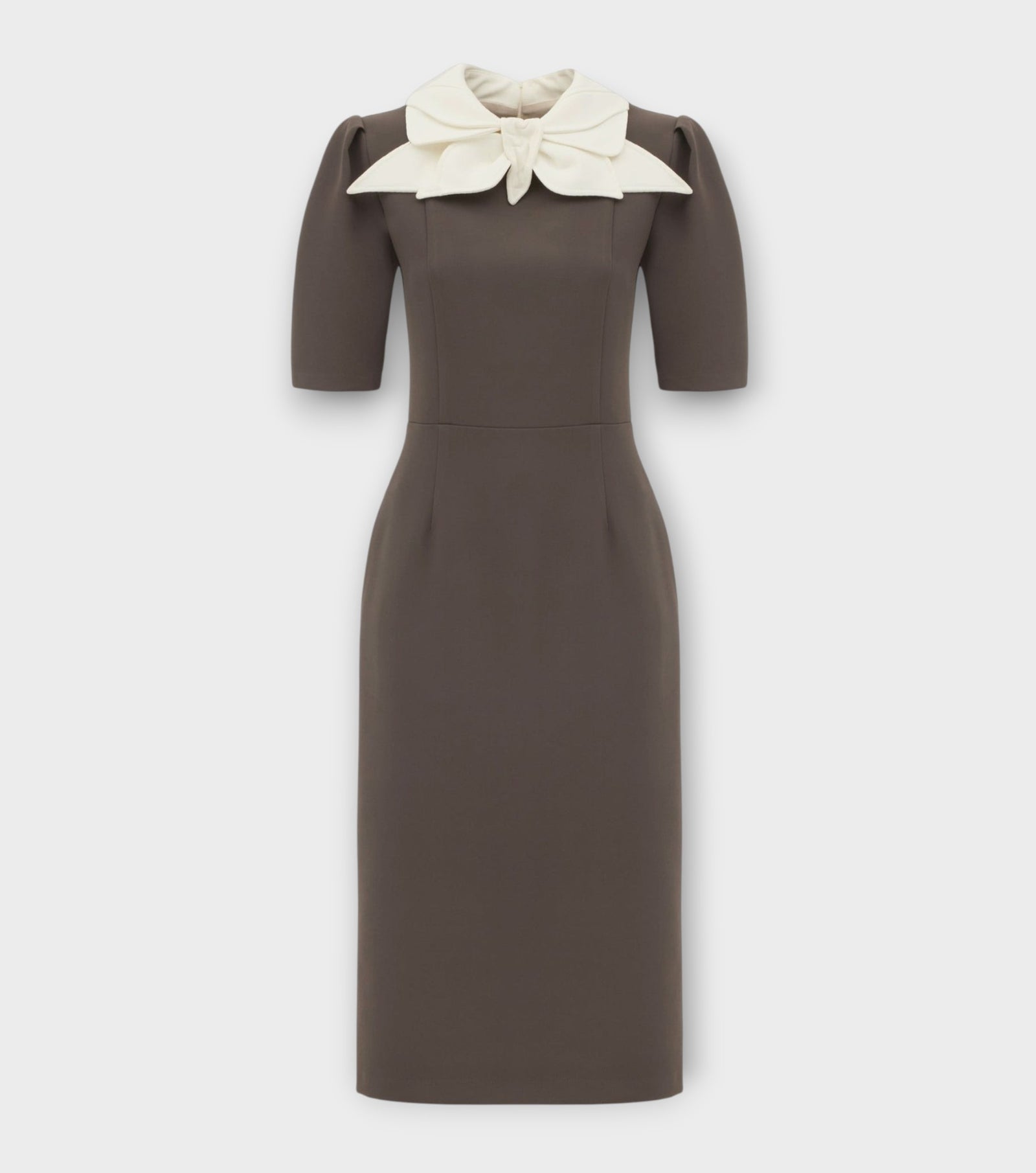 Elegant Midi Dress With Contrast Bow Collar - Taupe