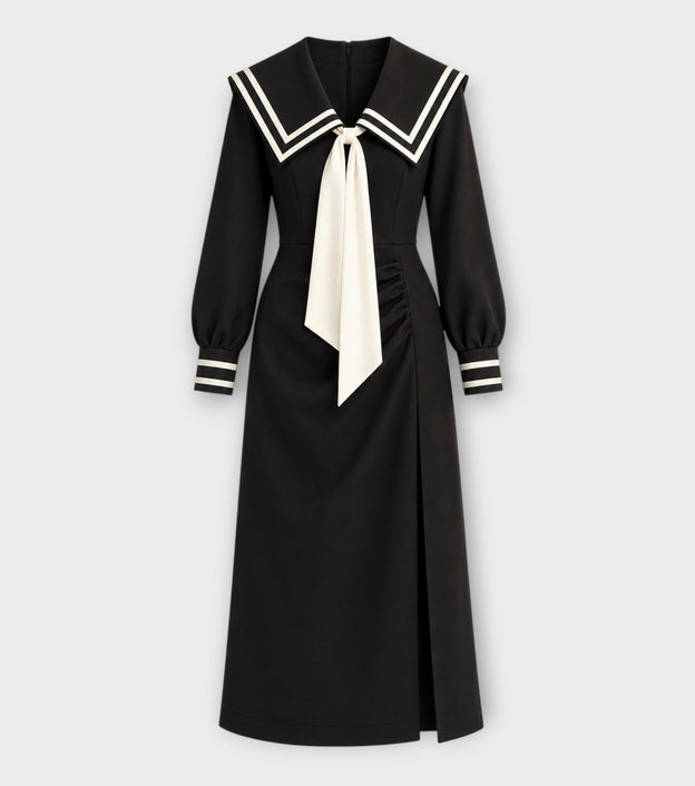 Fitted Tie-Front A-Line Midi Dress | Black