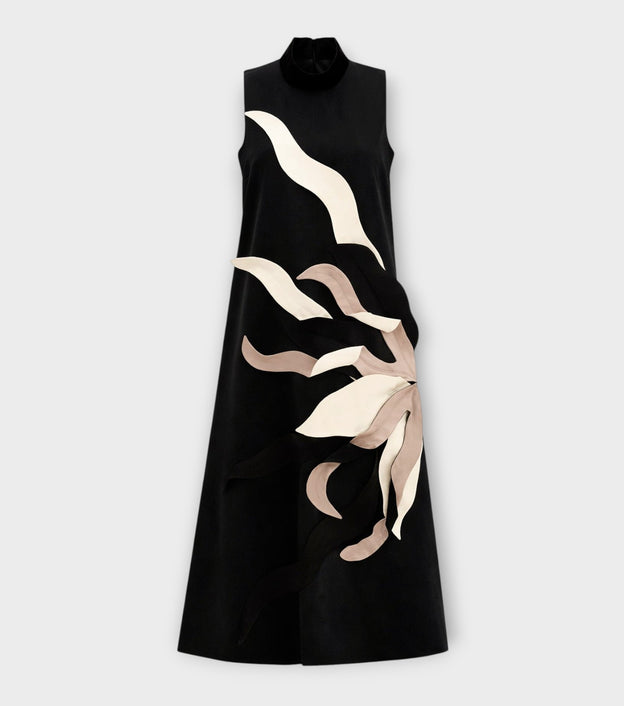 High Neck Sleeveless A-Line Dress - Black
