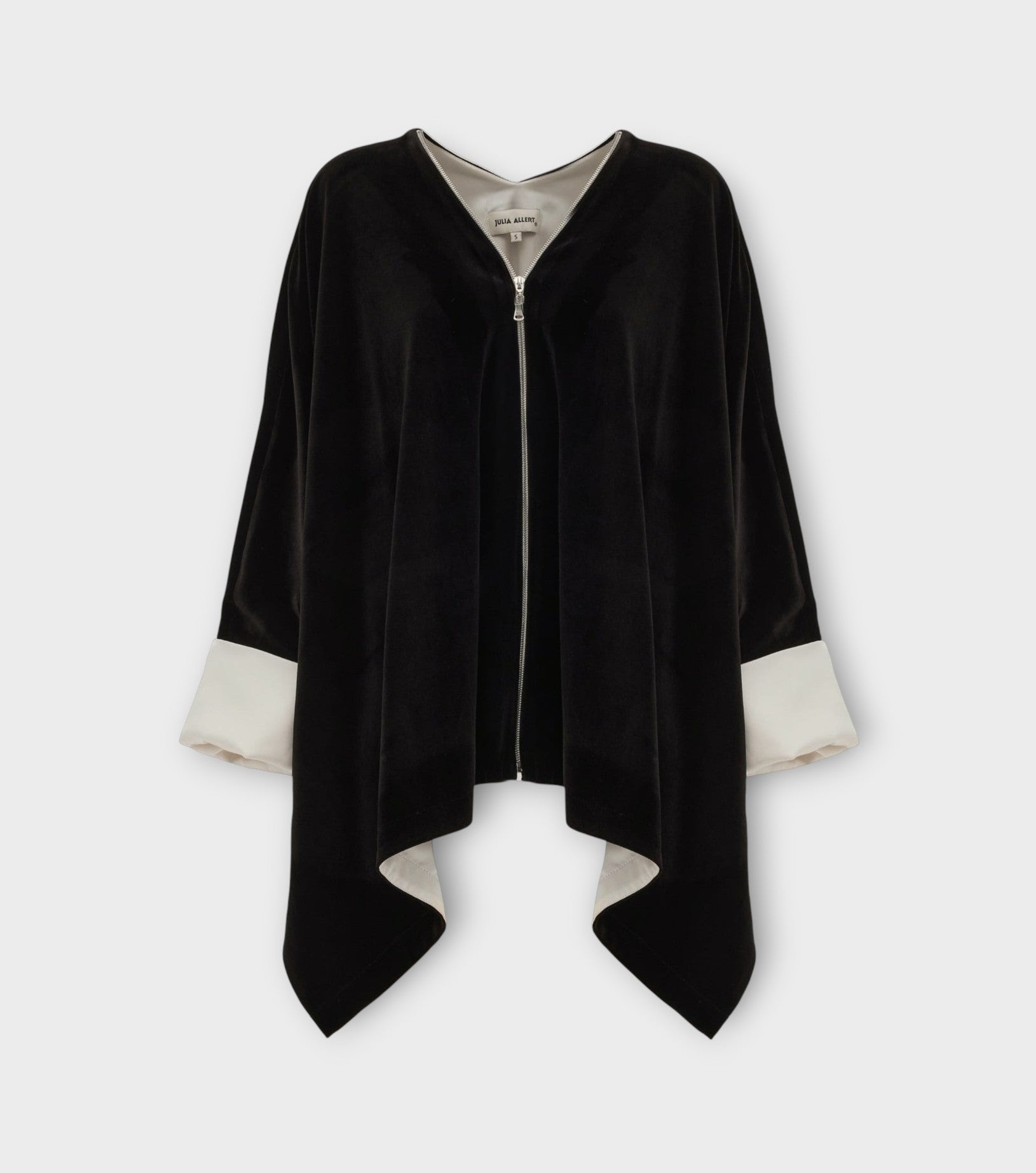 Loose Velvet Cape Jacket With Zip Front - Black