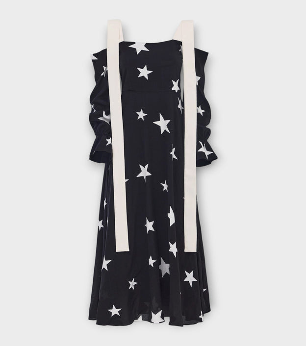 Off-Shoulder Midi Dress With Contrast Straps - Black Print Stars