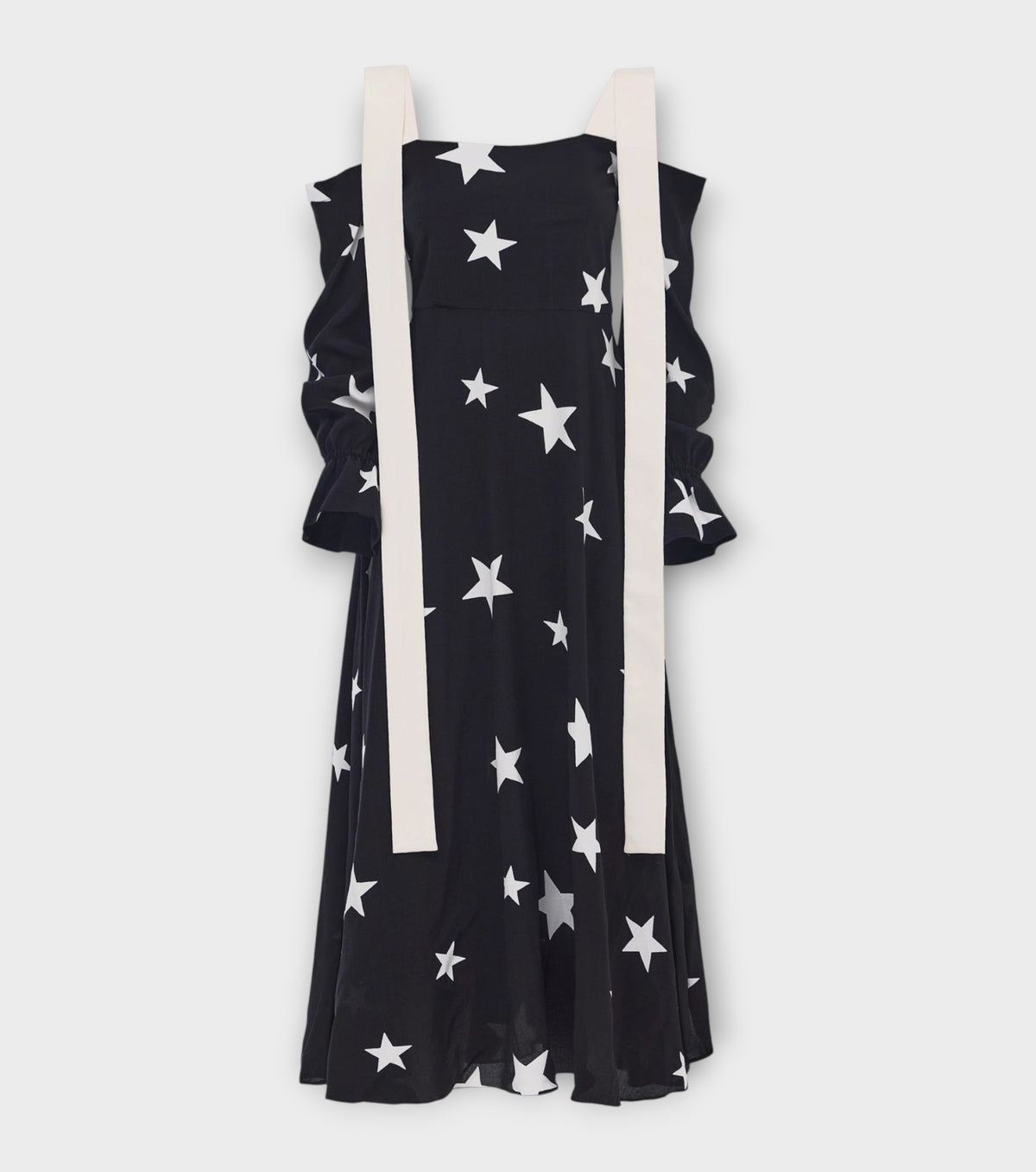 Off-Shoulder Midi Dress With Contrast Straps - Black Print Stars