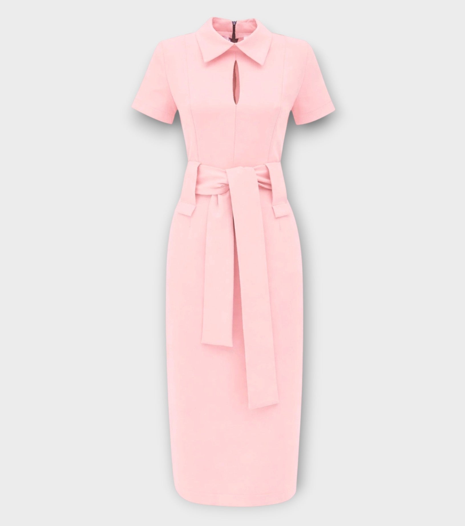 Short Sleeve Midi Dress With Belt - Blush Pink