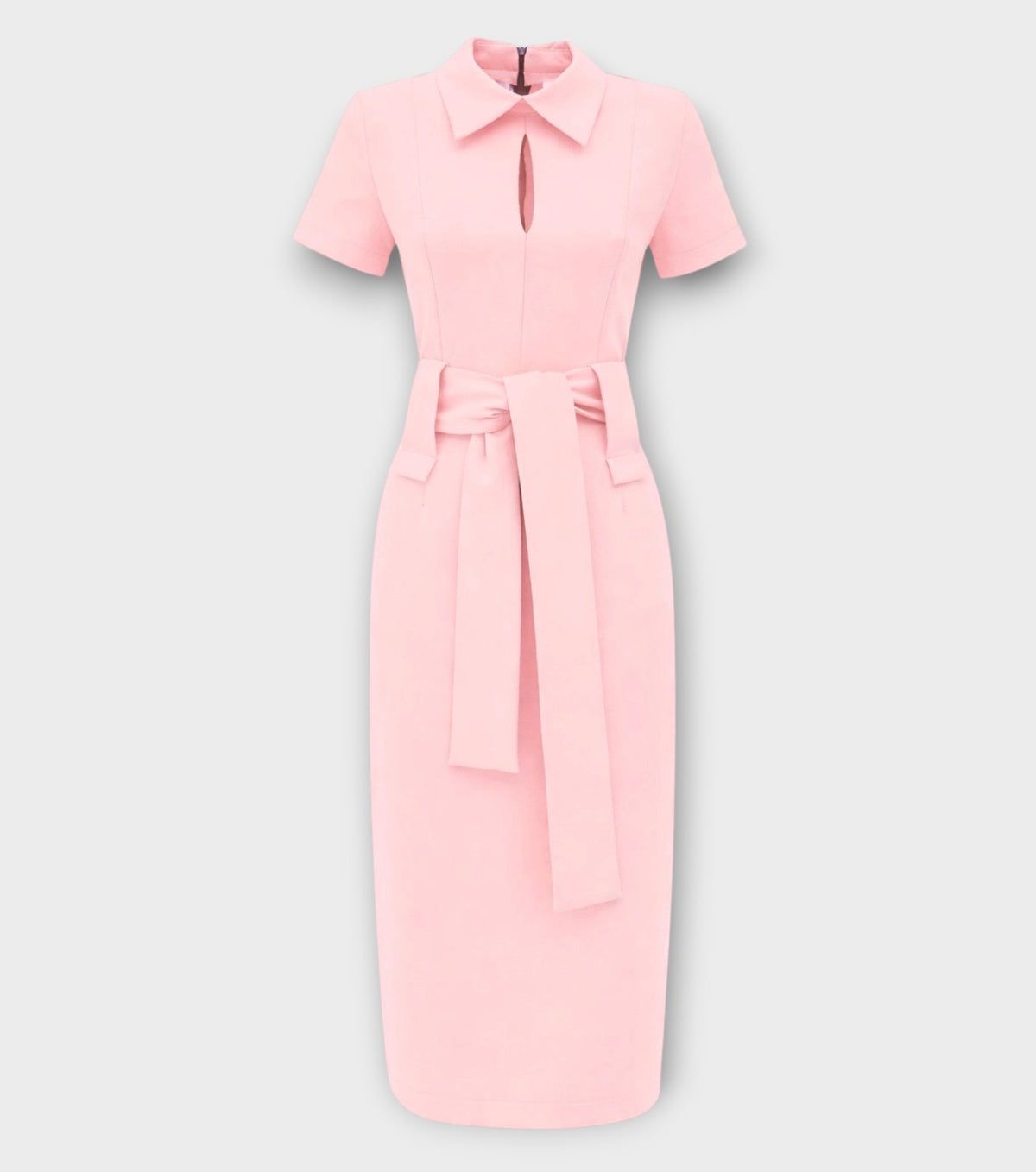 Short Sleeve Midi Dress With Belt - Blush Pink