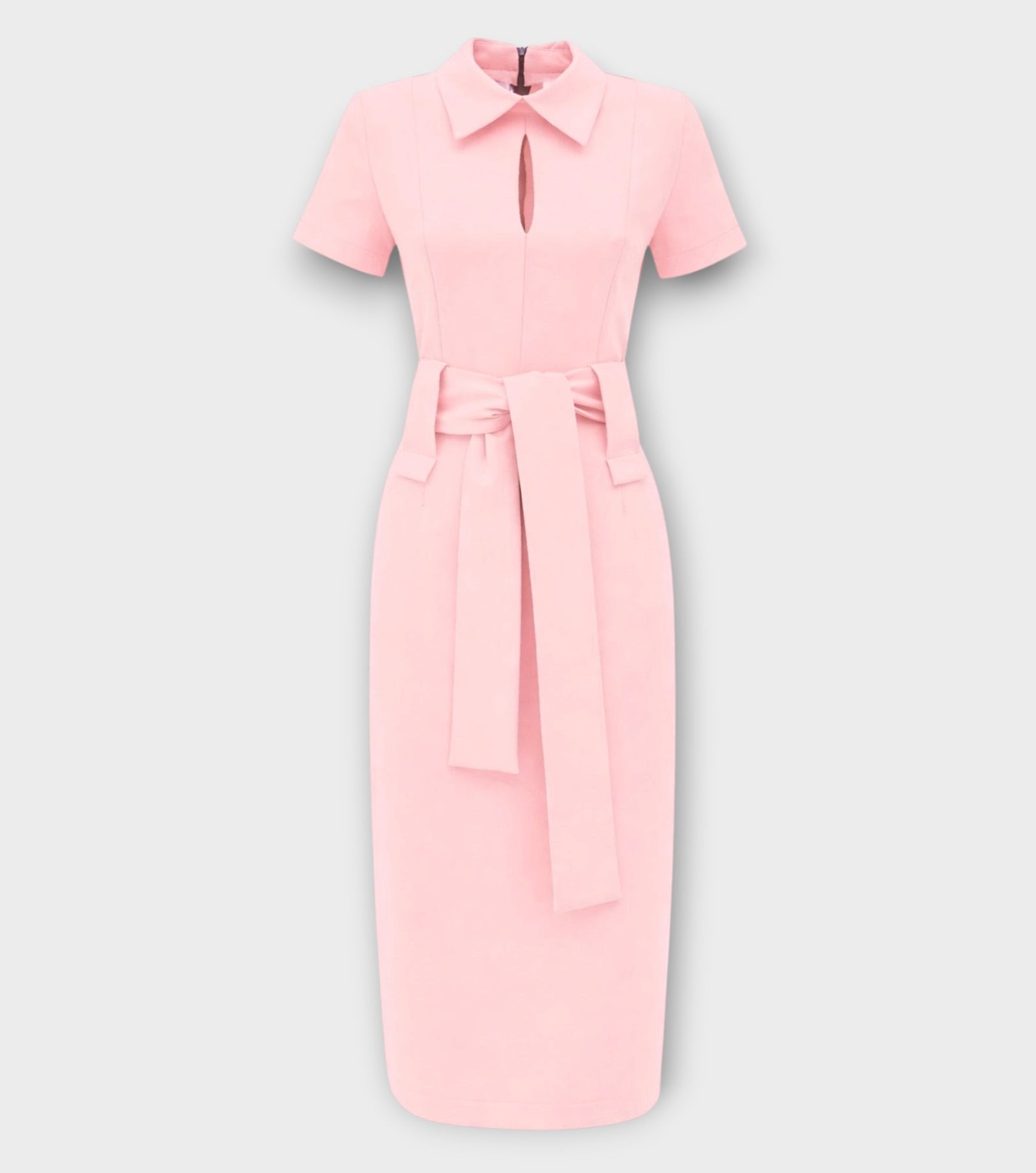 Short Sleeve Midi Dress With Belt - Blush Pink