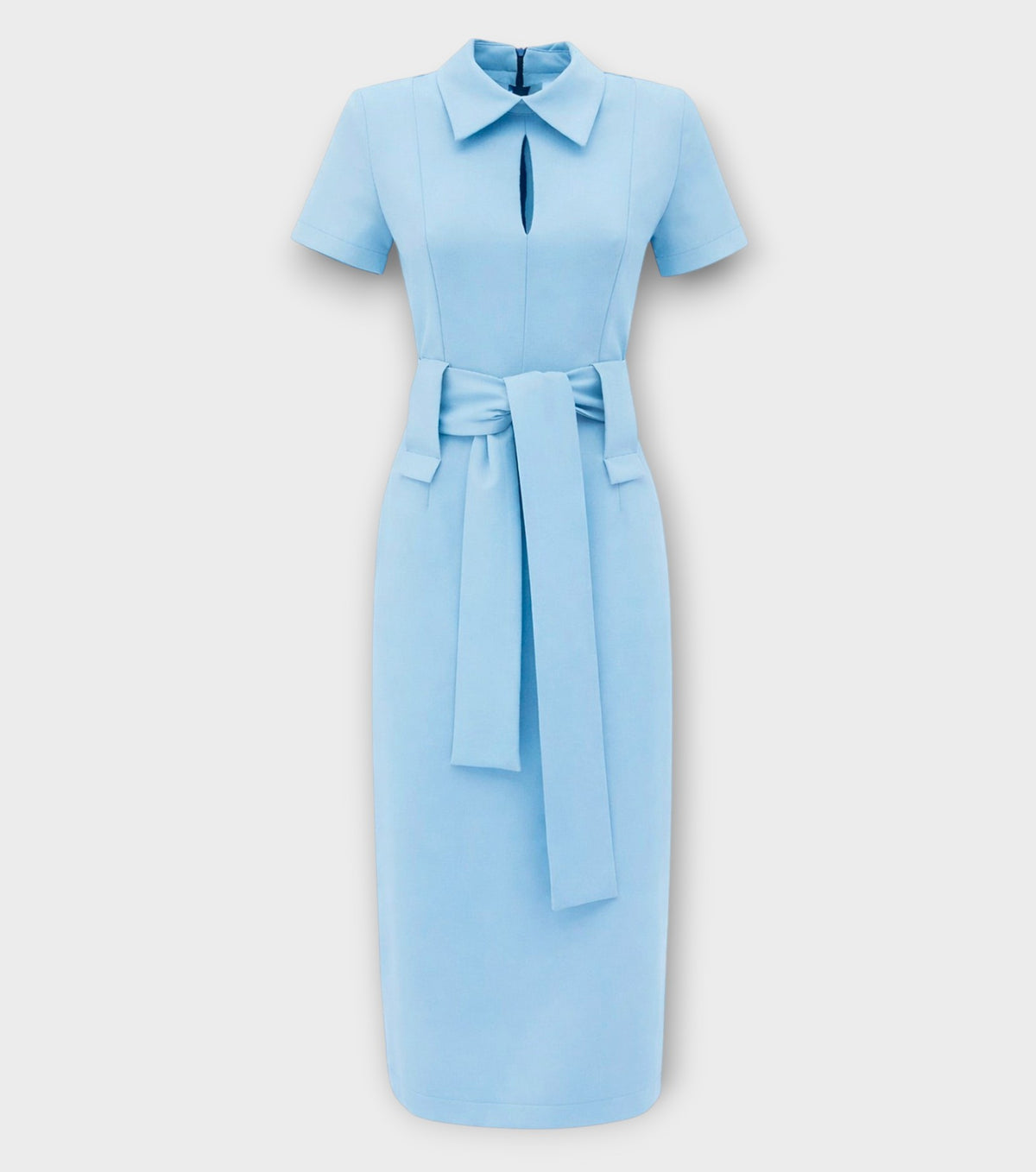 Short Sleeve Midi Dress With Belt - Light Blue