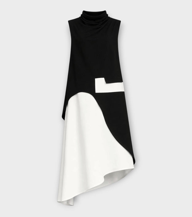 Sleeveless Asymmetric Midi Dress – Black & White