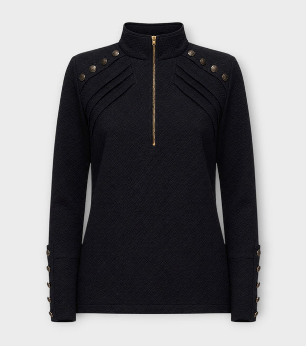 Textured Knit Long Sleeve Zip-Up Top | Black