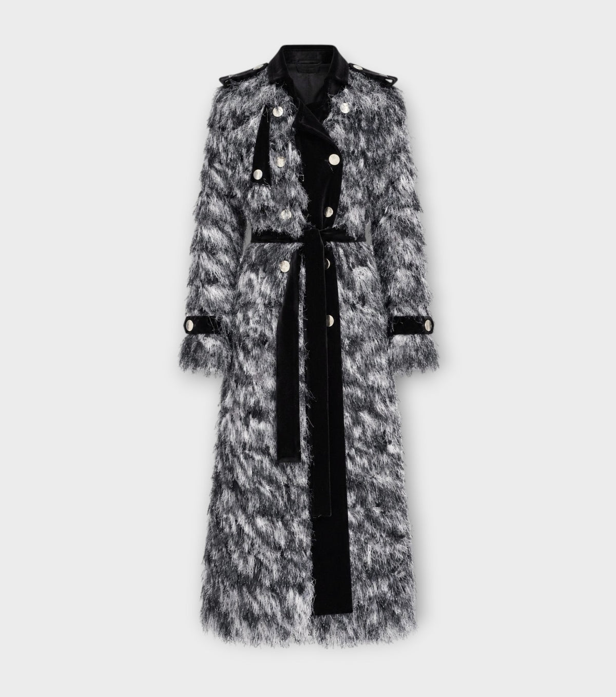 Textured Velvet-Detail Long Coat | Charcoal Grey