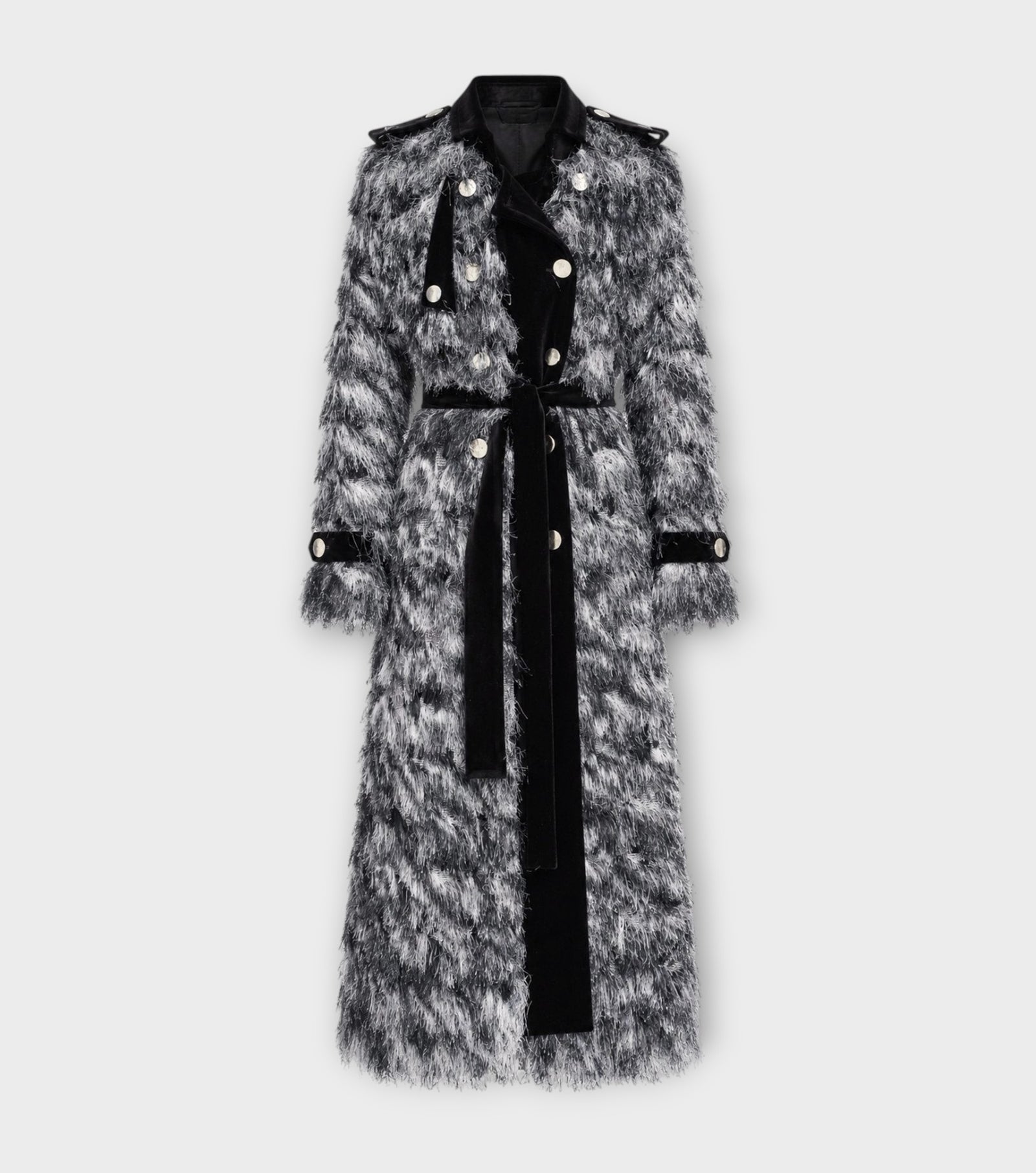 Textured Velvet-Detail Long Coat | Charcoal Grey