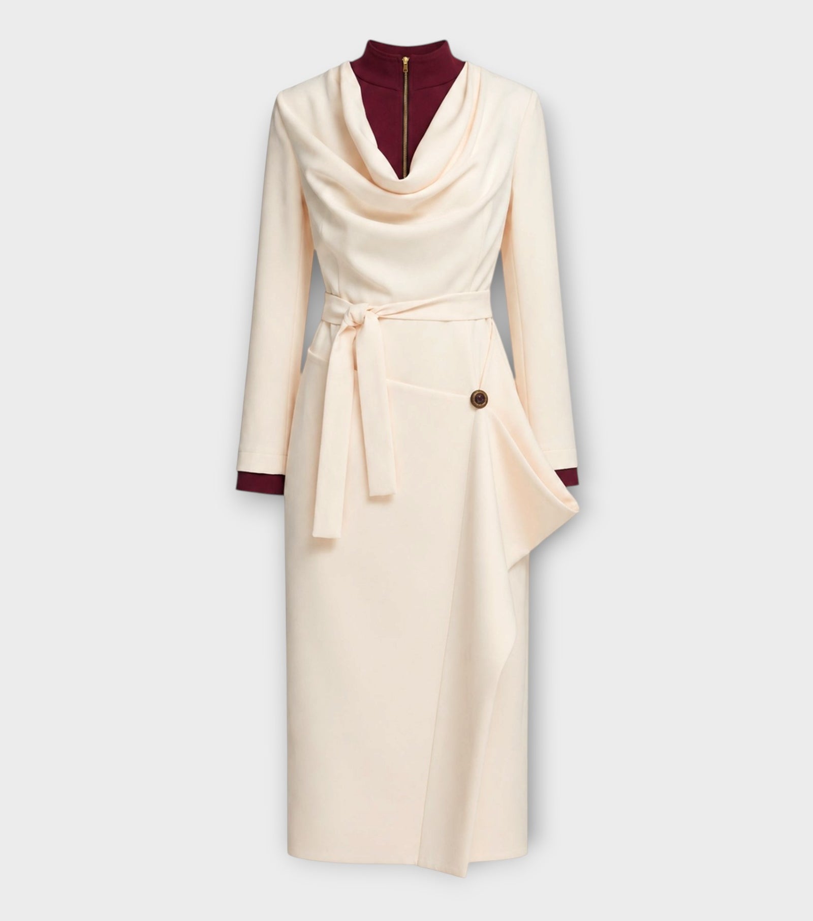 Two-Tone Asymmetric Draped High-Neck Midi Dress | Ivory