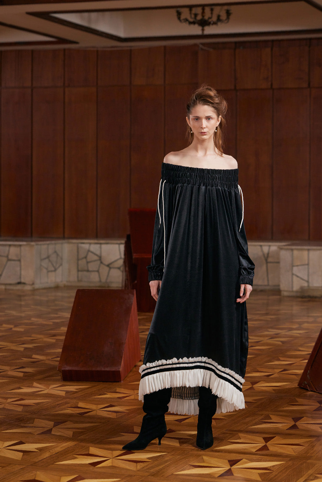 Knit Bare Shoulder Midi Dress Asymmetric Hem | Black