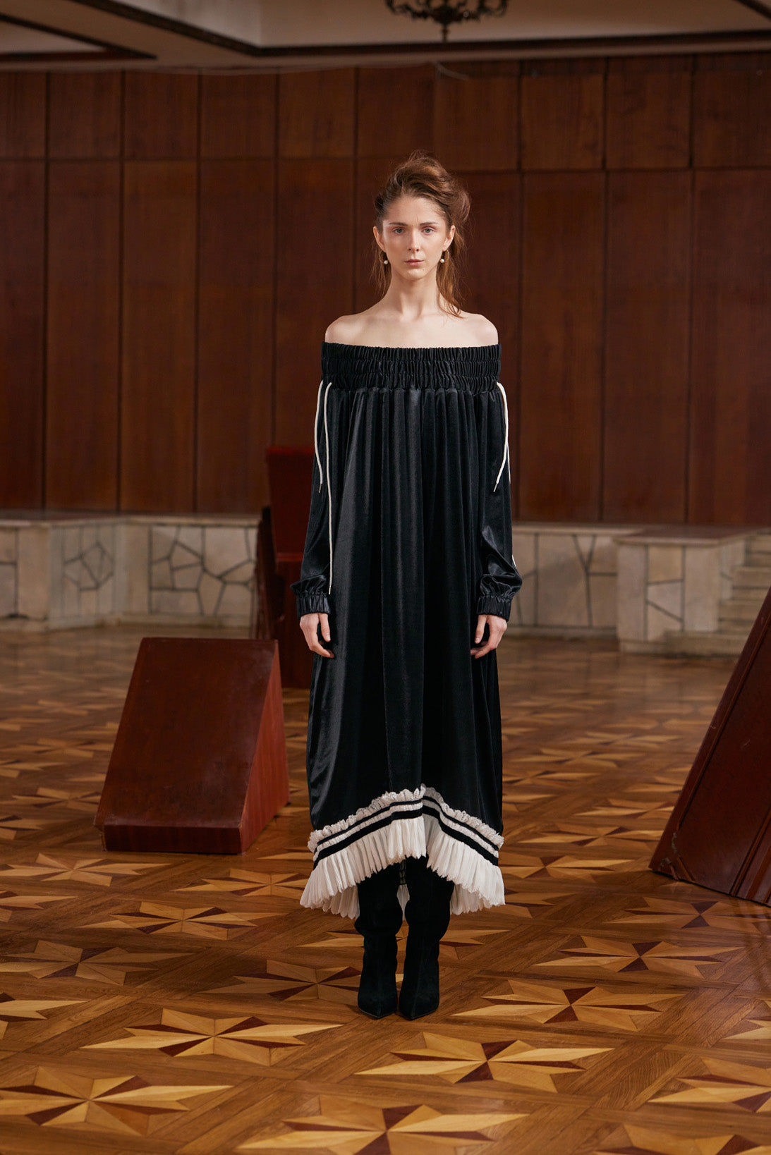 Knit Bare Shoulder Midi Dress Asymmetric Hem | Black