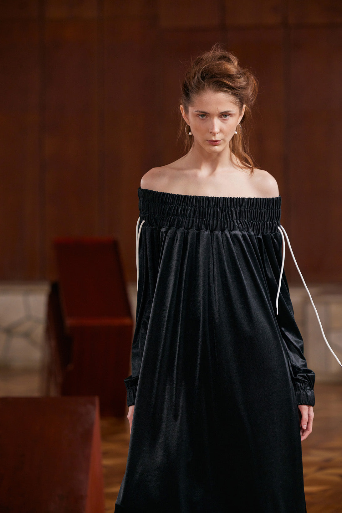 Knit Bare Shoulder Midi Dress Asymmetric Hem | Black