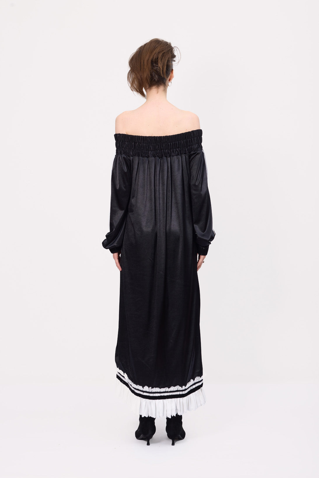 Knit Bare Shoulder Midi Dress Asymmetric Hem | Black