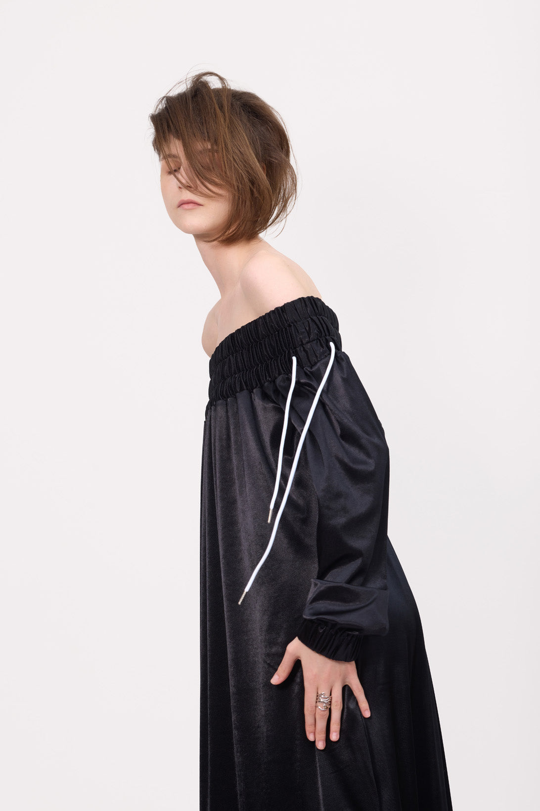 Knit Bare Shoulder Midi Dress Asymmetric Hem | Black