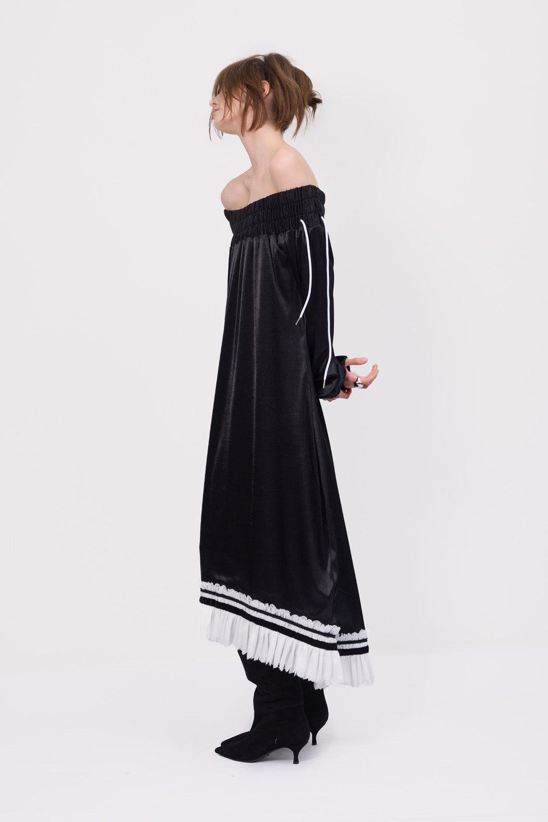 Knit Bare Shoulder Midi Dress Asymmetric Hem | Black