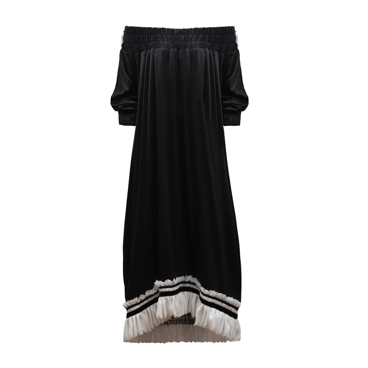 Knit Bare Shoulder Midi Dress Asymmetric Hem | Black