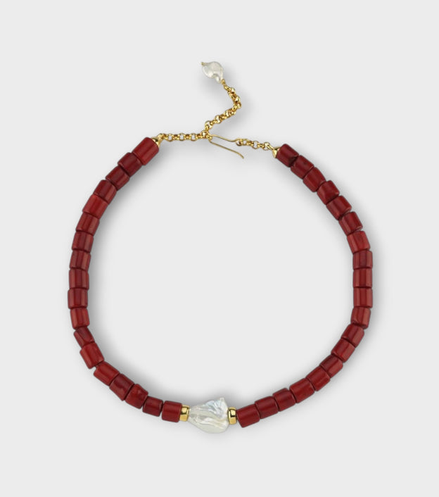 Harmonia Chunky Red Coral Necklace with Baroque Pearl