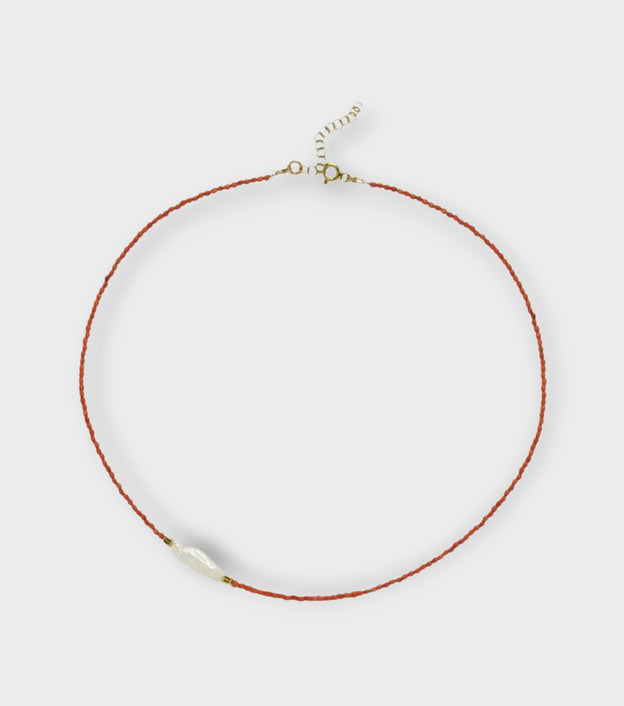 Kely Red Coral Beaded Necklace with Pearl Detail