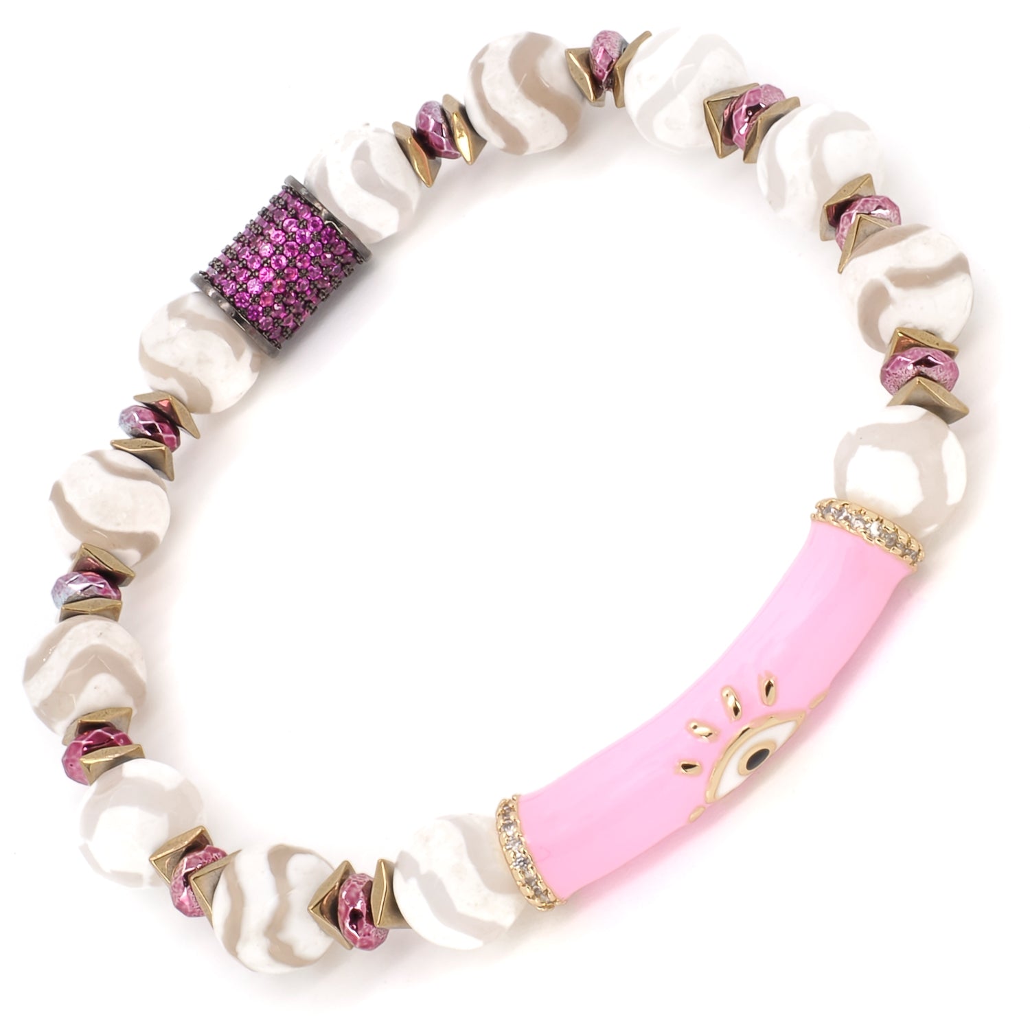 Handmade bracelet featuring pale Nepal agate stones, gold spacers, and pink enamel evil eye charm.