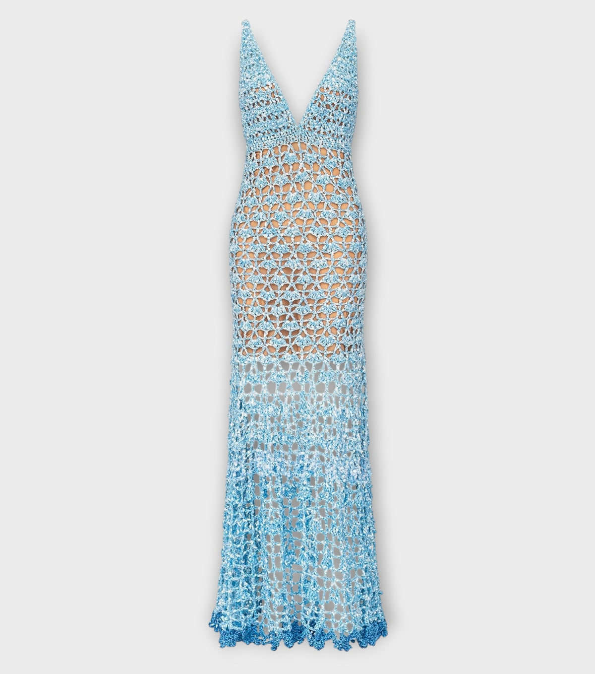 Metallic Blue Crochet Maxi Dress with Open Back