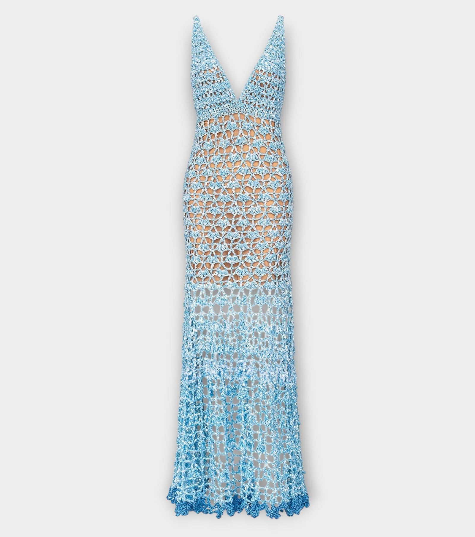 Metallic Blue Crochet Maxi Dress with Open Back