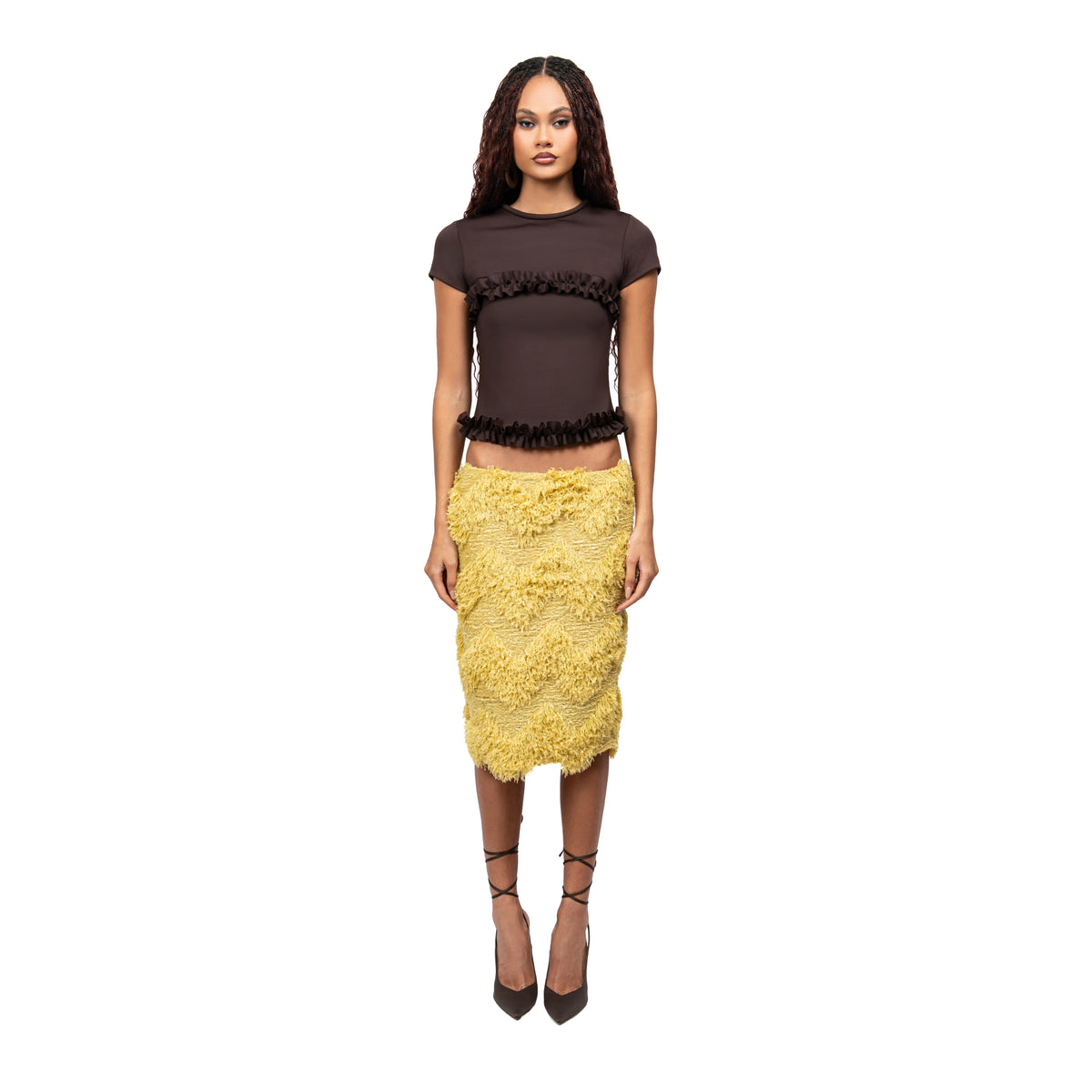28NATELIER - Mustard Fur Skirt, PR Sample at DOORS NYC PR showroom