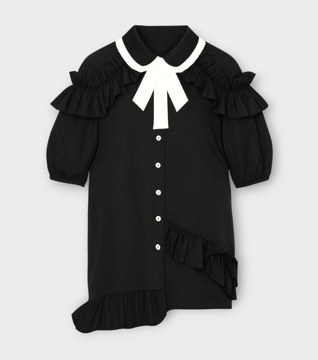 Black Asymmetric Puff Sleeve Ruffle Blouse