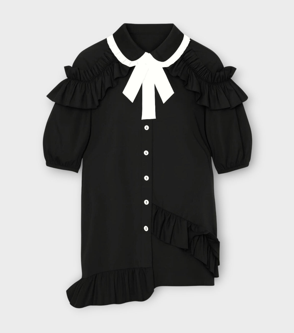 Black Asymmetric Puff Sleeve Ruffle Blouse