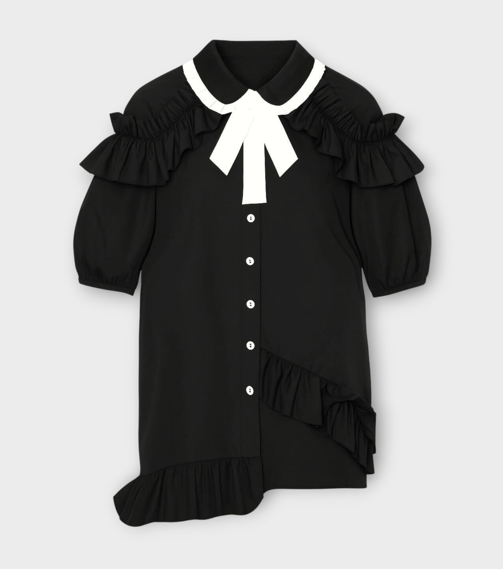 Black Asymmetric Puff Sleeve Ruffle Blouse
