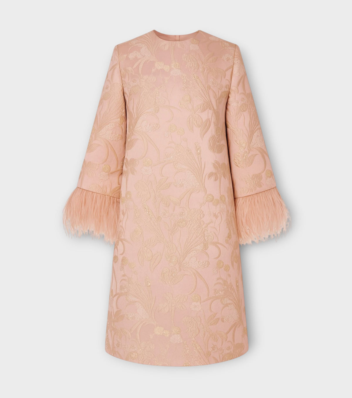 Long Sleeve Powder Pink Brocade Mini Dress with Feather Trim
