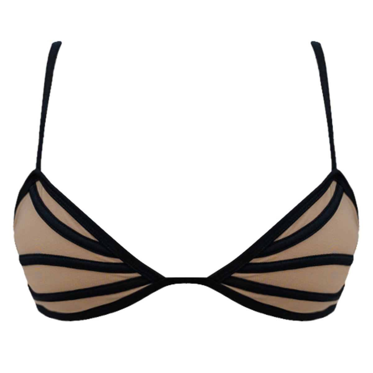 Beige and black bikini top on a white background