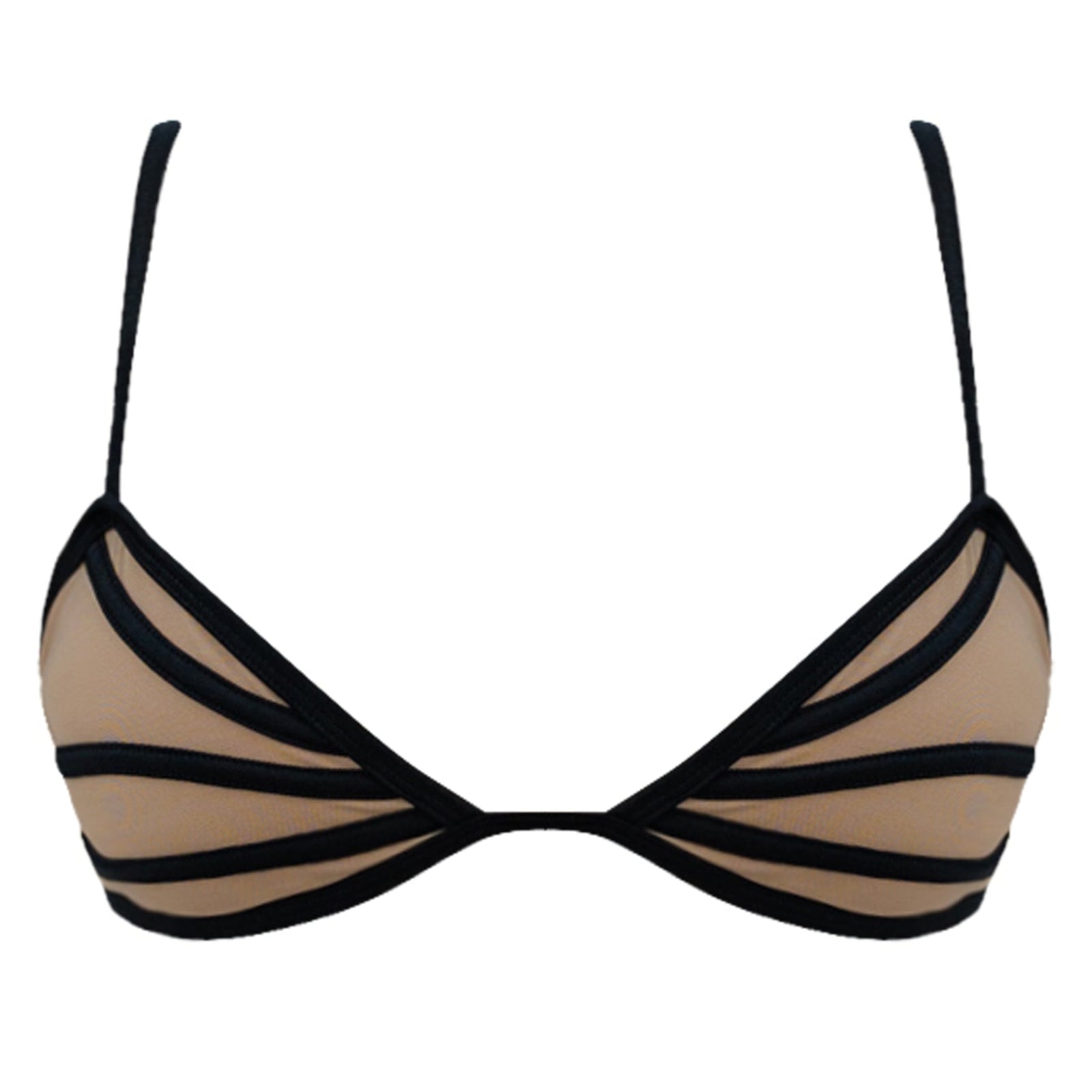 Beige and black bikini top on a white background