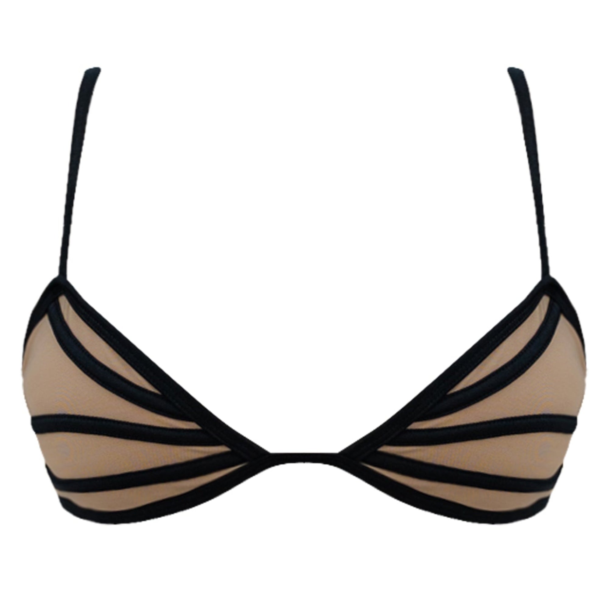 Beige and black bikini top on a white background